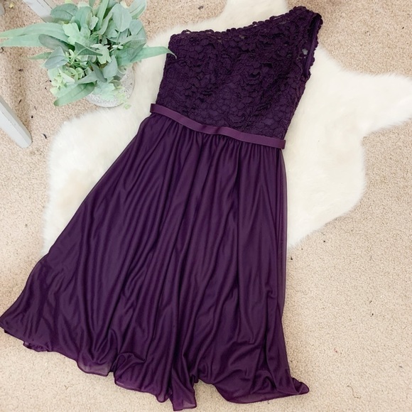 [David's Bridal] Women's Plum Purple One Shoulder Lace Chiffon Dress - Picture 1 of 10